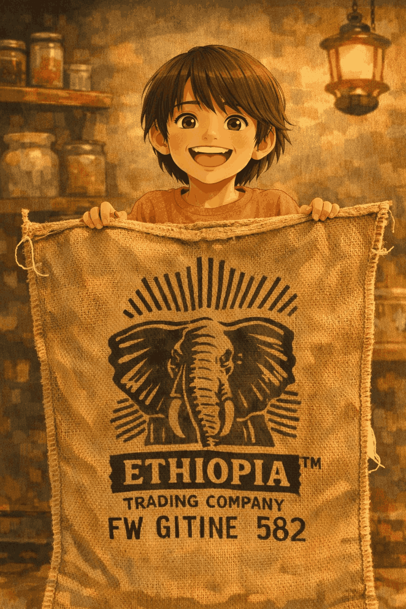 Graham with burlap coffee sack