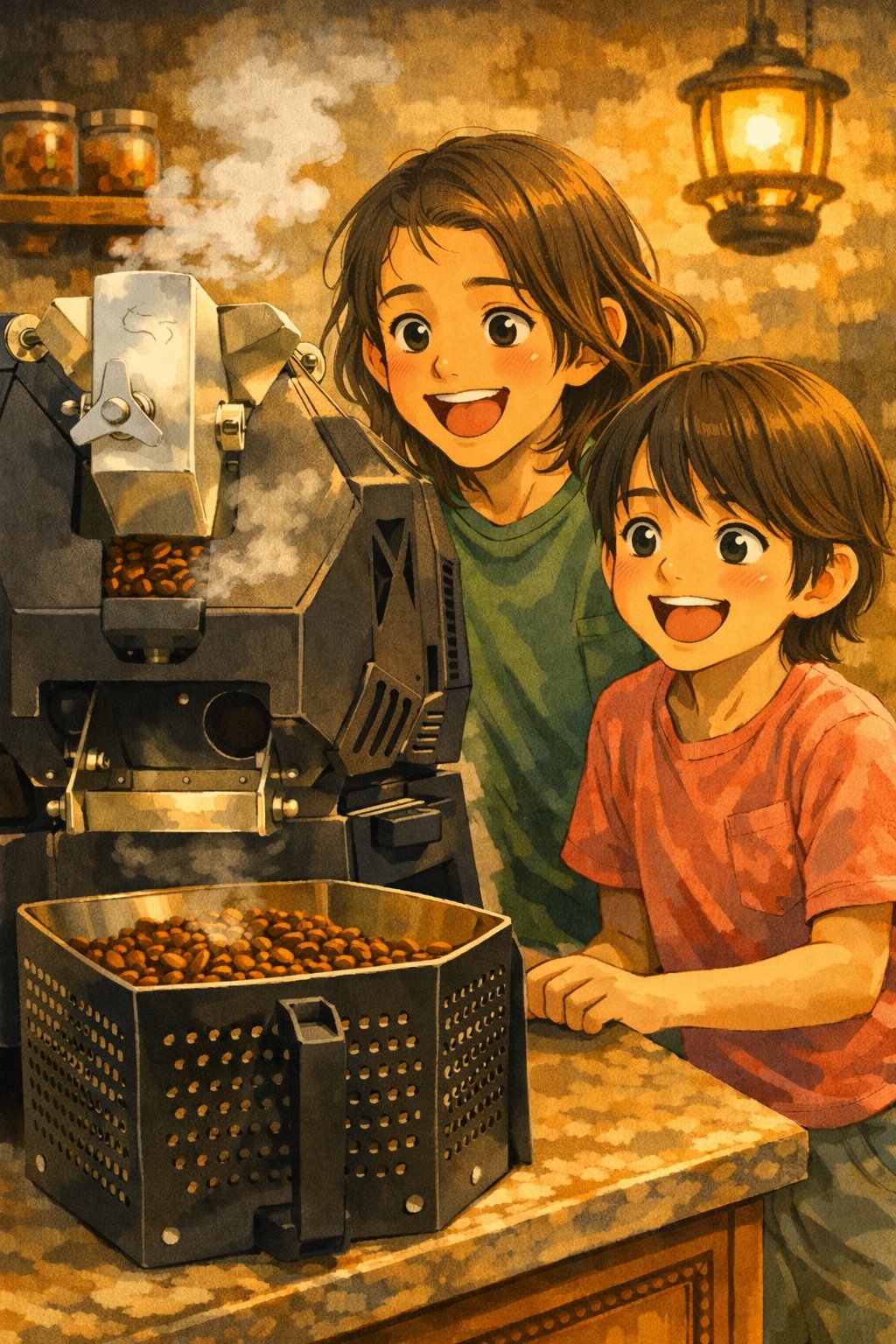 William and Graham with the coffee roasting machine